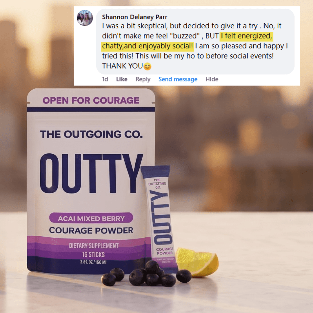 Outty Acai Mixed Berry Courage Powder with customer testimonial